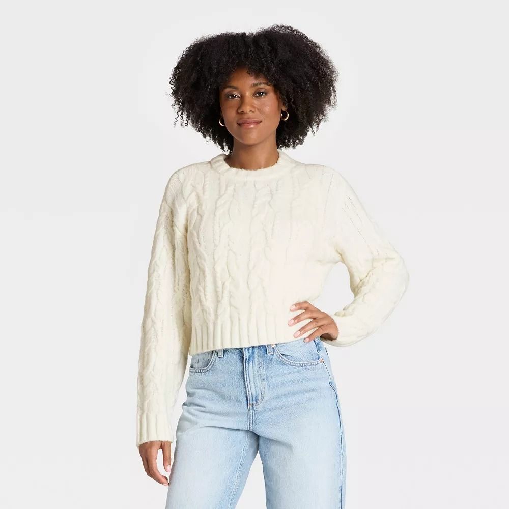Women's Long Sleeve Cozy Cable Crewneck Pullover Sweater - Universal Thread L